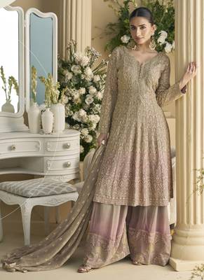Beige georgette embroidered designer palazzo suit 1