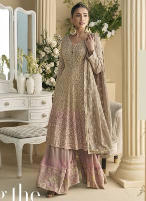 Beige georgette embroidered designer palazzo suit 2