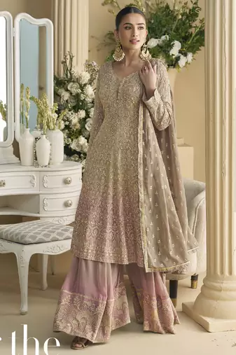 Beige georgette embroidered designer palazzo suit