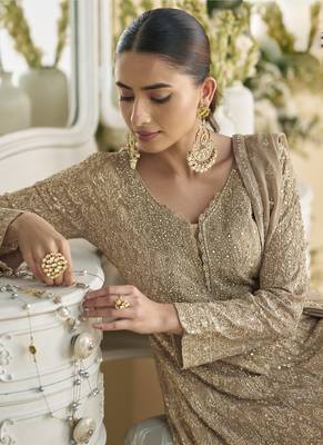 Beige georgette embroidered designer palazzo suit 3
