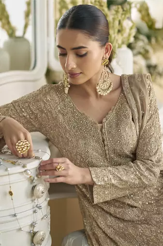 Beige georgette embroidered designer palazzo suit