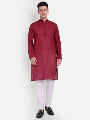 Maroon Cotton Printed Full Sleeves Kurta For Men 1