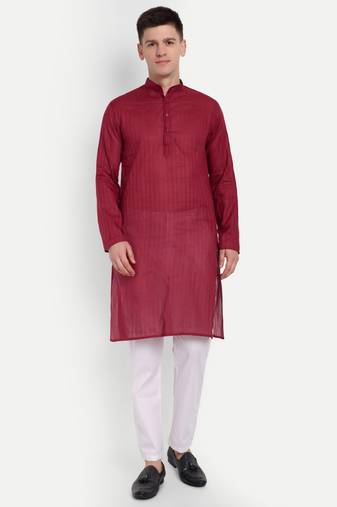 Maroon Cotton Printed Full Sleeves Kurta For Men