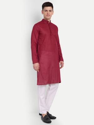 Maroon Cotton Printed Full Sleeves Kurta For Men 2