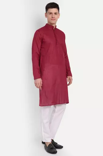 Maroon Cotton Printed Full Sleeves Kurta For Men
