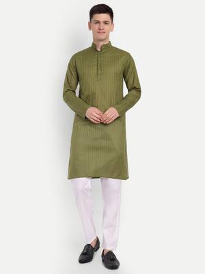 Green Cotton Printed Full Sleeves Kurta For Men 1