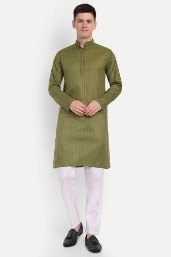 Green Cotton Printed Full Sleeves Kurta For Men