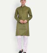 Green Cotton Printed Full Sleeves Kurta For Men