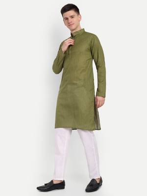 Green Cotton Printed Full Sleeves Kurta For Men 2
