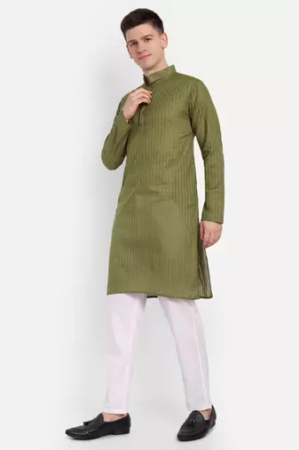 Green Cotton Printed Full Sleeves Kurta For Men