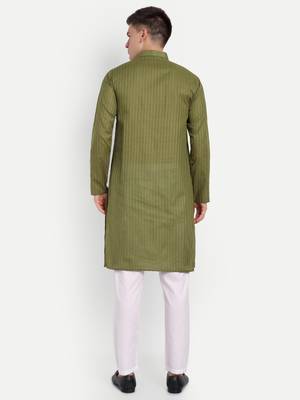 Green Cotton Printed Full Sleeves Kurta For Men 5