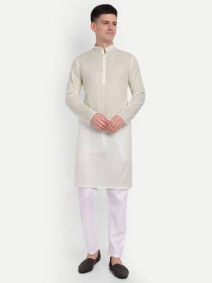 White Cotton Printed Full Sleeves Kurta For Men 1