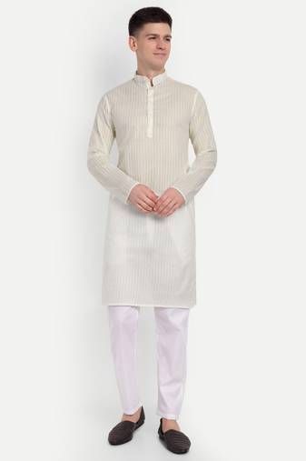 White Cotton Printed Full Sleeves Kurta For Men