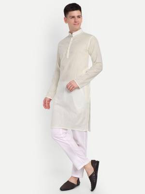 White Cotton Printed Full Sleeves Kurta For Men 2