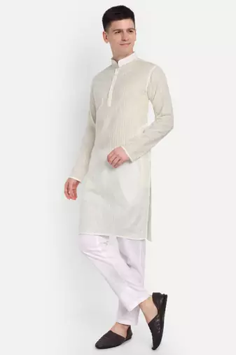 White Cotton Printed Full Sleeves Kurta For Men