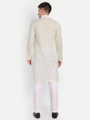 White Cotton Printed Full Sleeves Kurta For Men 5