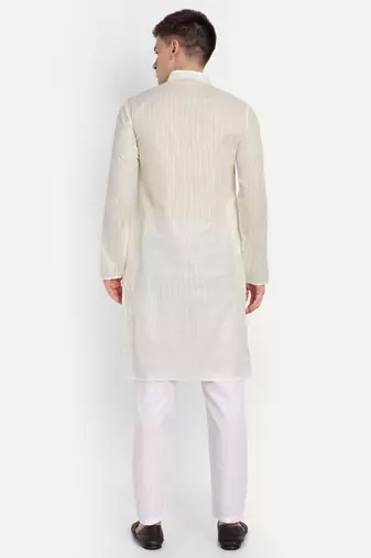 White Cotton Printed Full Sleeves Kurta For Men