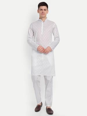 White Cotton Printed Full Sleeves Kurta For Men 1