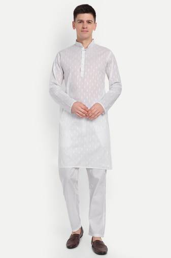 White Cotton Printed Full Sleeves Kurta For Men