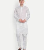 White Cotton Printed Full Sleeves Kurta For Men