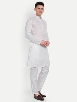 White Cotton Printed Full Sleeves Kurta For Men 2
