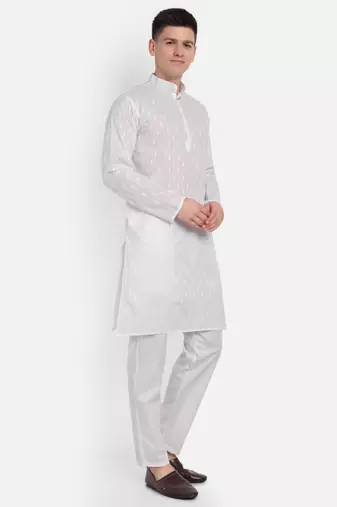 White Cotton Printed Full Sleeves Kurta For Men