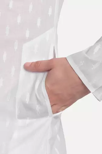 White Cotton Printed Full Sleeves Kurta For Men