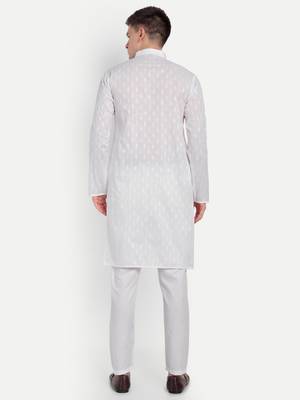 White Cotton Printed Full Sleeves Kurta For Men 5