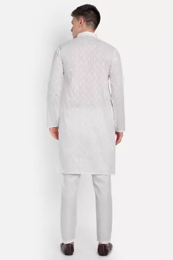 White Cotton Printed Full Sleeves Kurta For Men