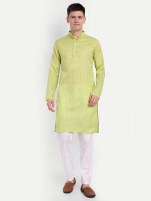 Green Cotton Printed Full Sleeves Kurta For Men 1