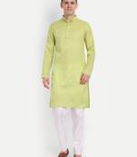 Green Cotton Printed Full Sleeves Kurta For Men