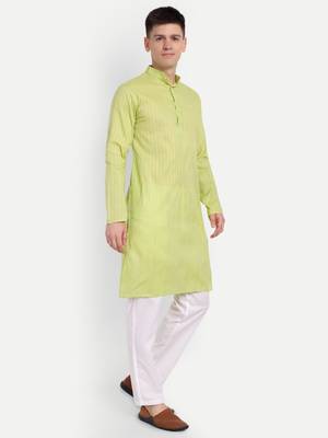 Green Cotton Printed Full Sleeves Kurta For Men 2