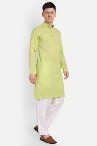 Green Cotton Printed Full Sleeves Kurta For Men