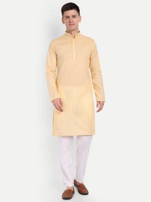 Light Yellow Cotton Printed Full Sleeves Kurta For Men 1