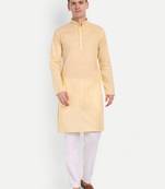 Light Yellow Cotton Printed Full Sleeves Kurta For Men