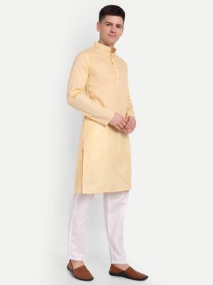 Light Yellow Cotton Printed Full Sleeves Kurta For Men 2