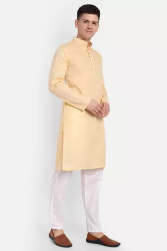 Light Yellow Cotton Printed Full Sleeves Kurta For Men