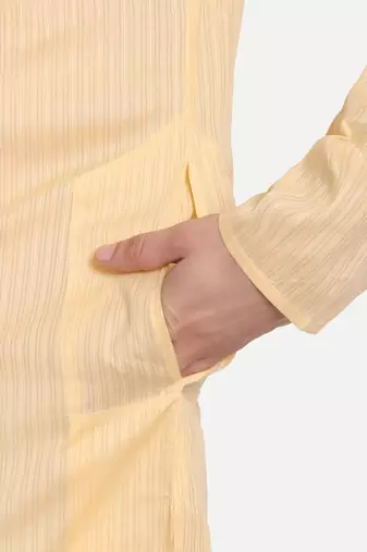 Light Yellow Cotton Printed Full Sleeves Kurta For Men
