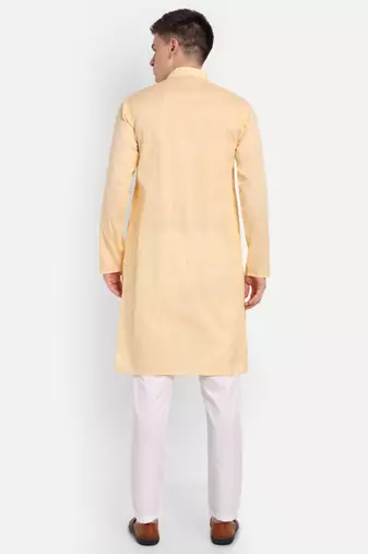 Light Yellow Cotton Printed Full Sleeves Kurta For Men