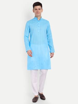 Sky Blue Cotton Printed Full Sleeves Kurta For Men 1