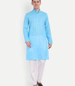 Sky Blue Cotton Printed Full Sleeves Kurta For Men