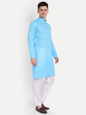 Sky Blue Cotton Printed Full Sleeves Kurta For Men 2