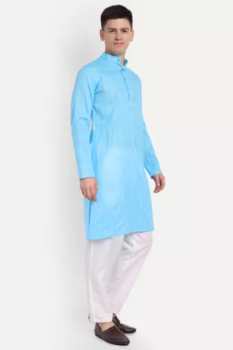 Sky Blue Cotton Printed Full Sleeves Kurta For Men