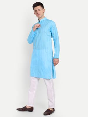 Sky Blue Cotton Printed Full Sleeves Kurta For Men 3