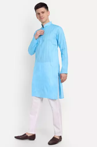 Sky Blue Cotton Printed Full Sleeves Kurta For Men