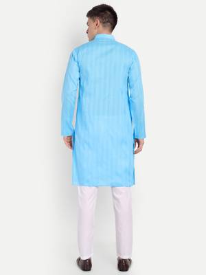 Sky Blue Cotton Printed Full Sleeves Kurta For Men 5