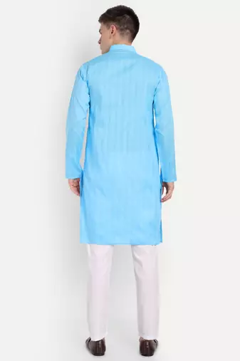 Sky Blue Cotton Printed Full Sleeves Kurta For Men