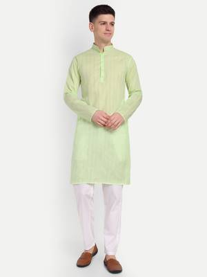 Light Green Cotton Printed Full Sleeves Kurta For Men 1