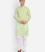Light Green Cotton Printed Full Sleeves Kurta For Men