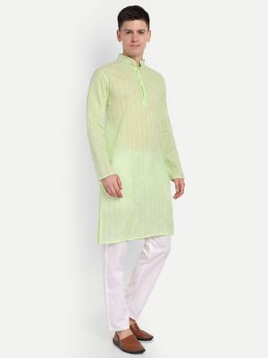 Light Green Cotton Printed Full Sleeves Kurta For Men 2
